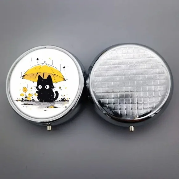 NIB Compact 3-Compartment Metal Pill Case with Black Cat Design - Picture 10 of 13